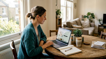 Woman researching sustainable jewelry on laptop