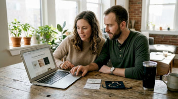 Couple researching sustainable jewelry at home