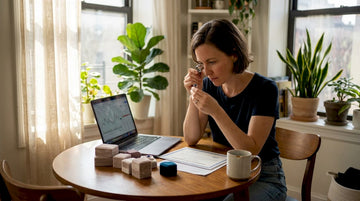 Woman examining jewelry at home table