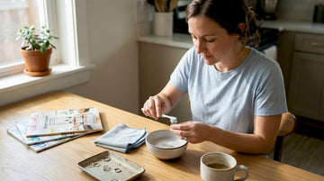 Woman cleaning engagement ring at kitchen table