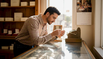 Customer examines gold jewelry in Denver shop