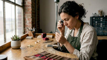 Jeweler inspects lab-grown engagement ring at studio workbench