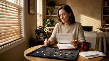 Woman sorting silver jewelry in bright living room