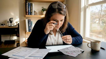 Gemologist inspecting lab-grown diamond on desk