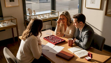 Jeweler consulting couple over lab grown diamond rings in Denver showroom