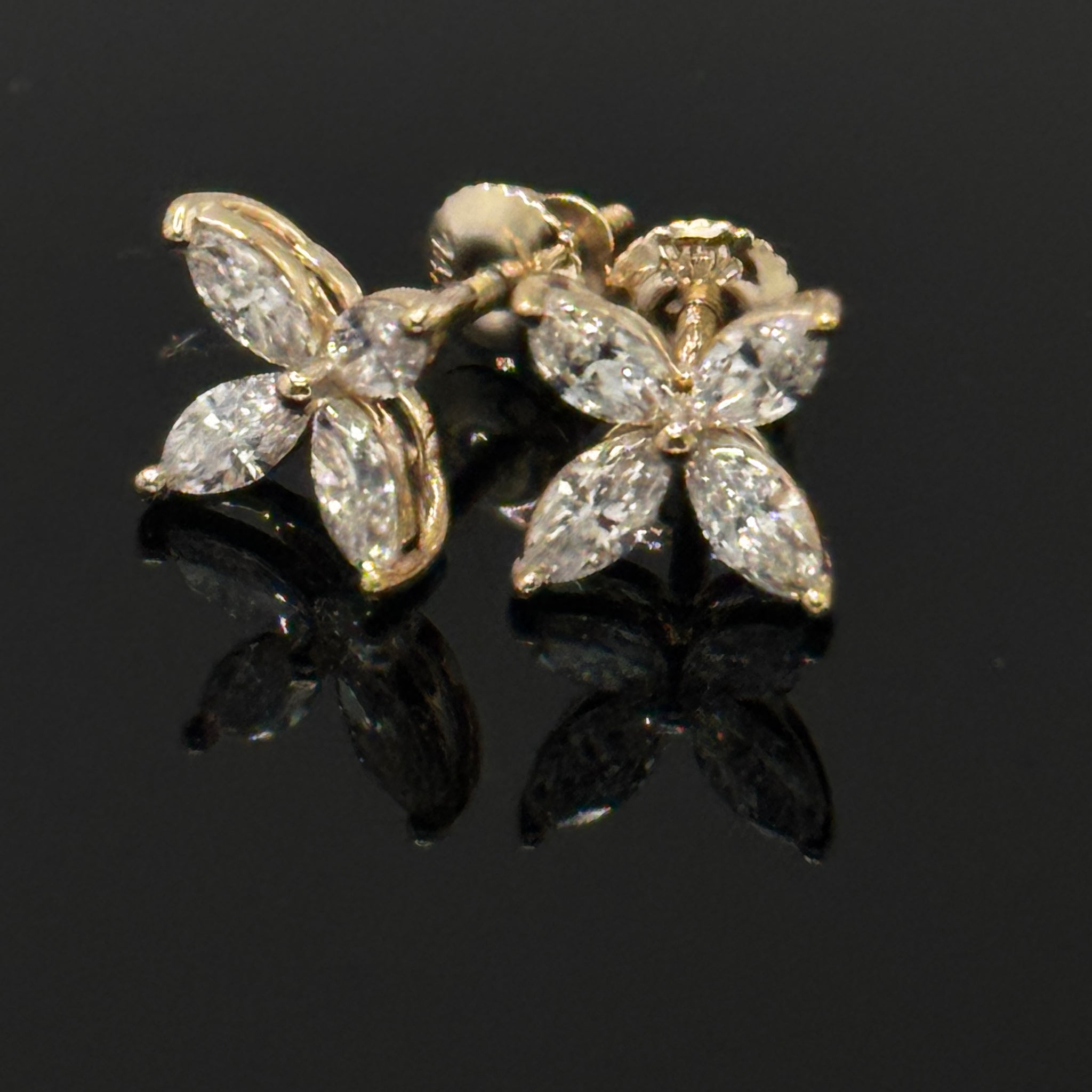 14K Yellow Gold 1.0 Cttw Lab-Grown Marquise Diamond Floral Leaf Stud Earrings