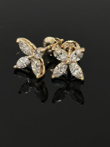14K Yellow Gold 1.0 Cttw Lab-Grown Marquise Diamond Floral Leaf Stud Earrings