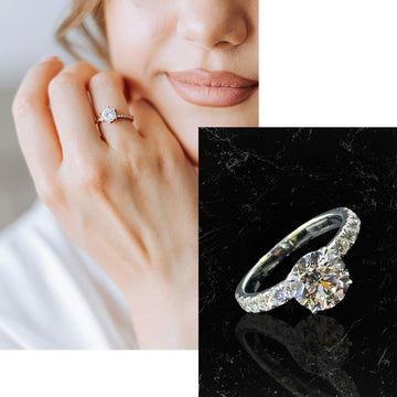 Close-up of a hand wearing a diamond ring with a detailed view of the ring on a black background.