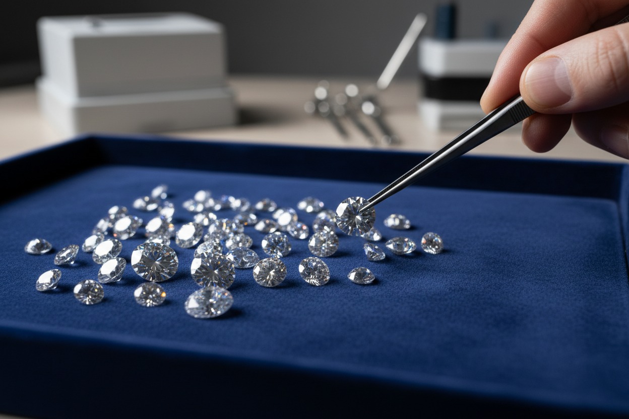 A hand holding tweezers inspects a cut diamond above a tray of loose gems.
